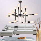 Industrial Style Black Metal Chandelier - 16 Bulbs, 4-Sided Ceiling Hang Light for Living Room